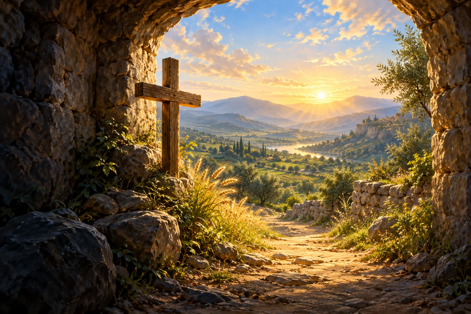 Un sendero sale de la sombra hacia una cruz iluminada, símbolo de esperanza ante las deudas