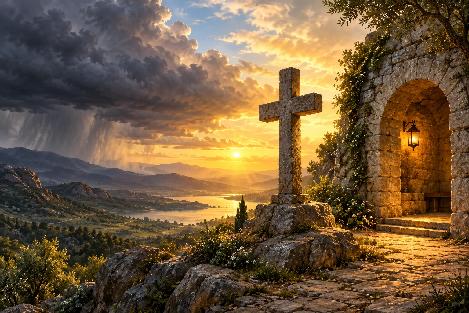 Una cruz y un refugio de piedra permanecen firmes mientras pasa la tormenta